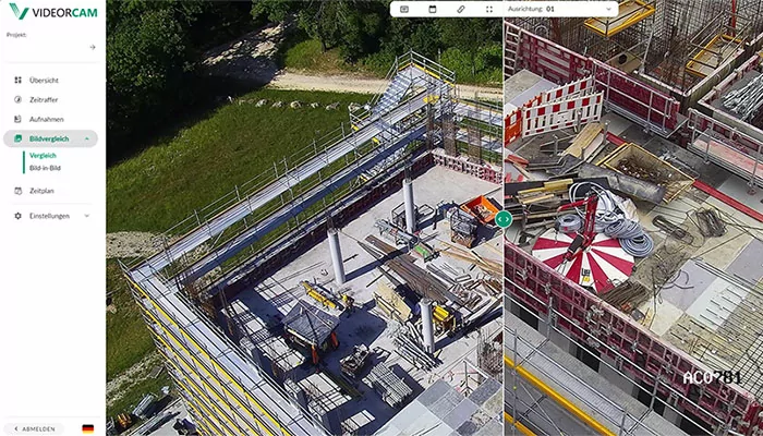 Baustellenkamera – Fortschrittsdokumentation mit Bildvergleich in der Videocam-Software Baustellen-Überwachung mit Videocam-Software: Luftaufnahme einer Baustelle mit Bildvergleichsfunktion zur Dokumentation des Baufortschritts.