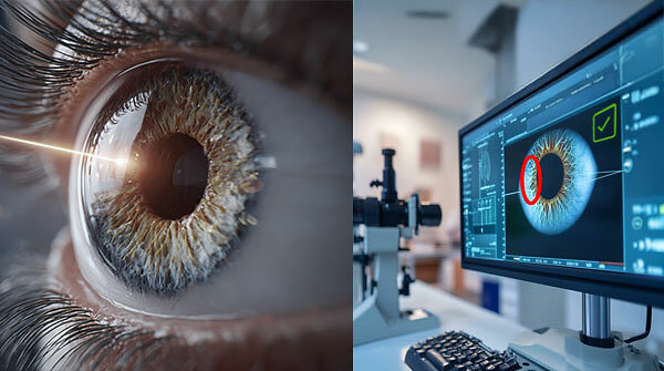 Close-up of human eye receiving laser treatment with advanced scientific equipment, showcasing precision and futuristic healthcare technology in action.